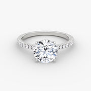 Round Cut - Pave Band Hidden Halo - Classic Engagement Ring- 14 K Gold